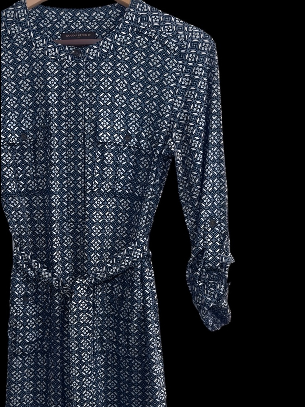 Banana Republic Blue Geometric Safari Shirt Dress Roll Tab Sleeves & Tie Waist 4 - Picture 9 of 13
